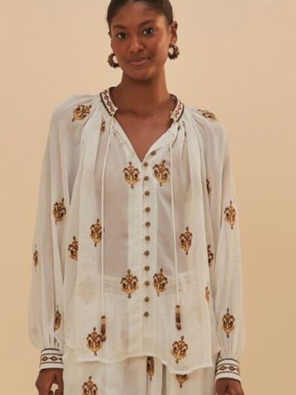 FARM Rio ANCHOR TAPESTRY OFF-WHITE EMBROIDERED LONG SLEEVE BLOUSE